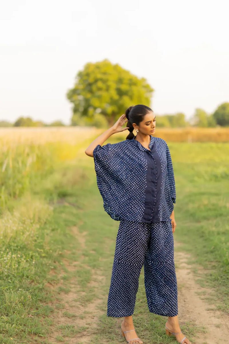 FLORA SHORT M KAF SHIRT-INDIGO silk by Dyelogue for women in Singapore
