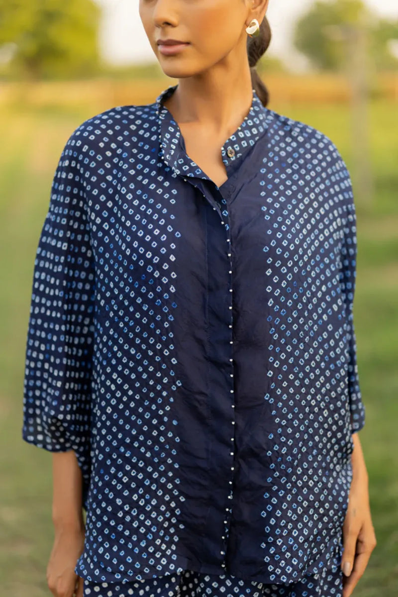 FLORA SHORT M KAF SHIRT-INDIGO silk by Dyelogue for women in Singapore