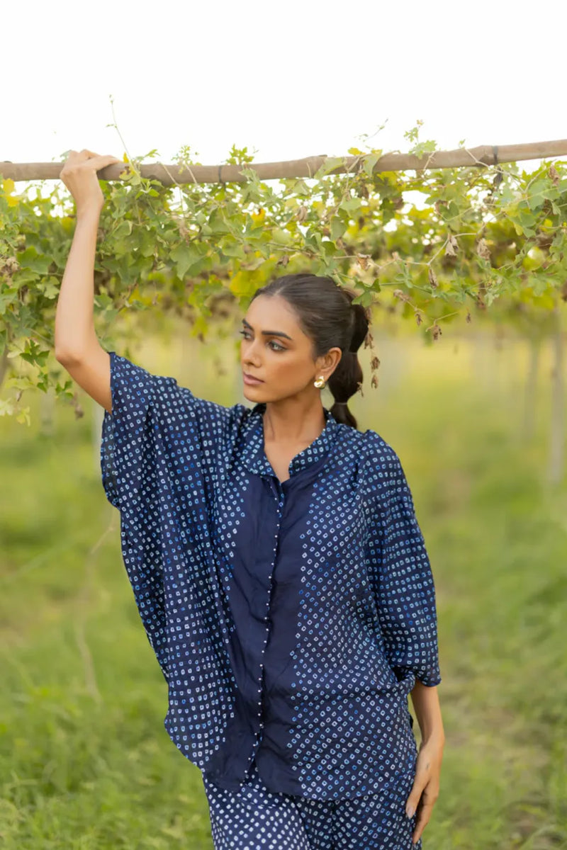 FLORA SHORT M KAF SHIRT-INDIGO silk by Dyelogue for women in Singapore