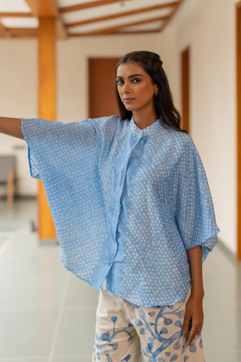 FLORA SHORT M KAF SHIRT-POWDER BLUE silk by Dyelogue in blue color for women in Singapore