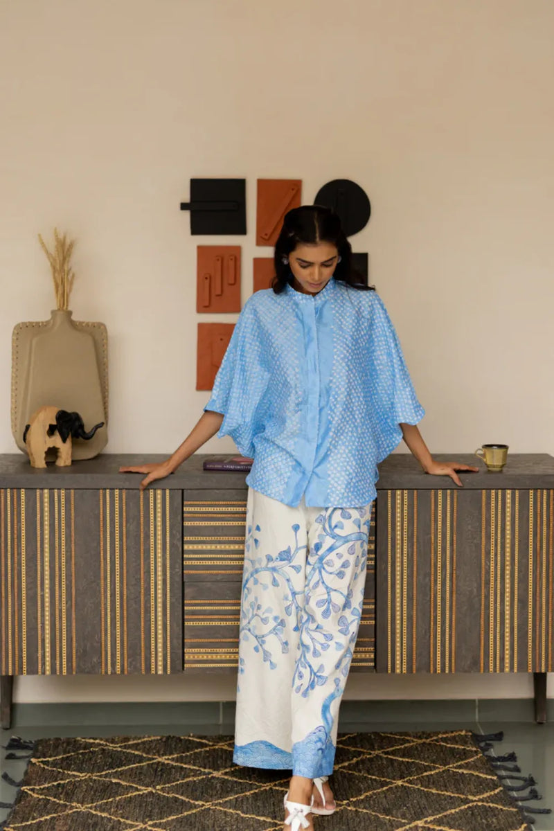FLORA SHORT M KAF SHIRT-POWDER BLUE silk by Dyelogue in blue color for women in Singapore