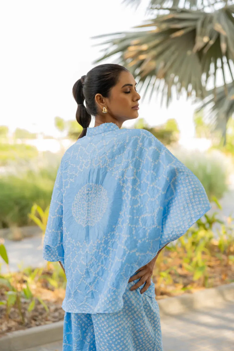 FLORA SHORT M KAF SHIRT-POWDER BLUE silk by Dyelogue in blue color for women in Singapore