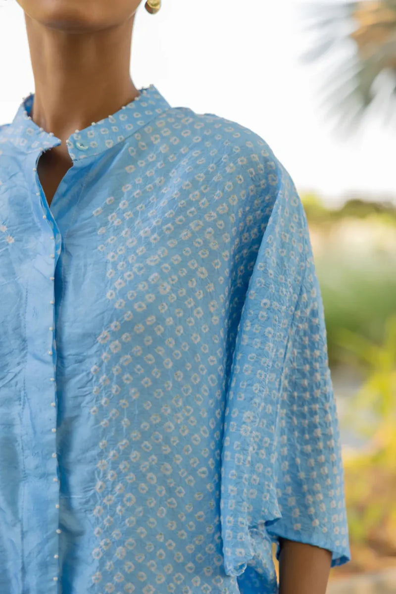 FLORA SHORT M KAF SHIRT-POWDER BLUE silk by Dyelogue in blue color for women in Singapore