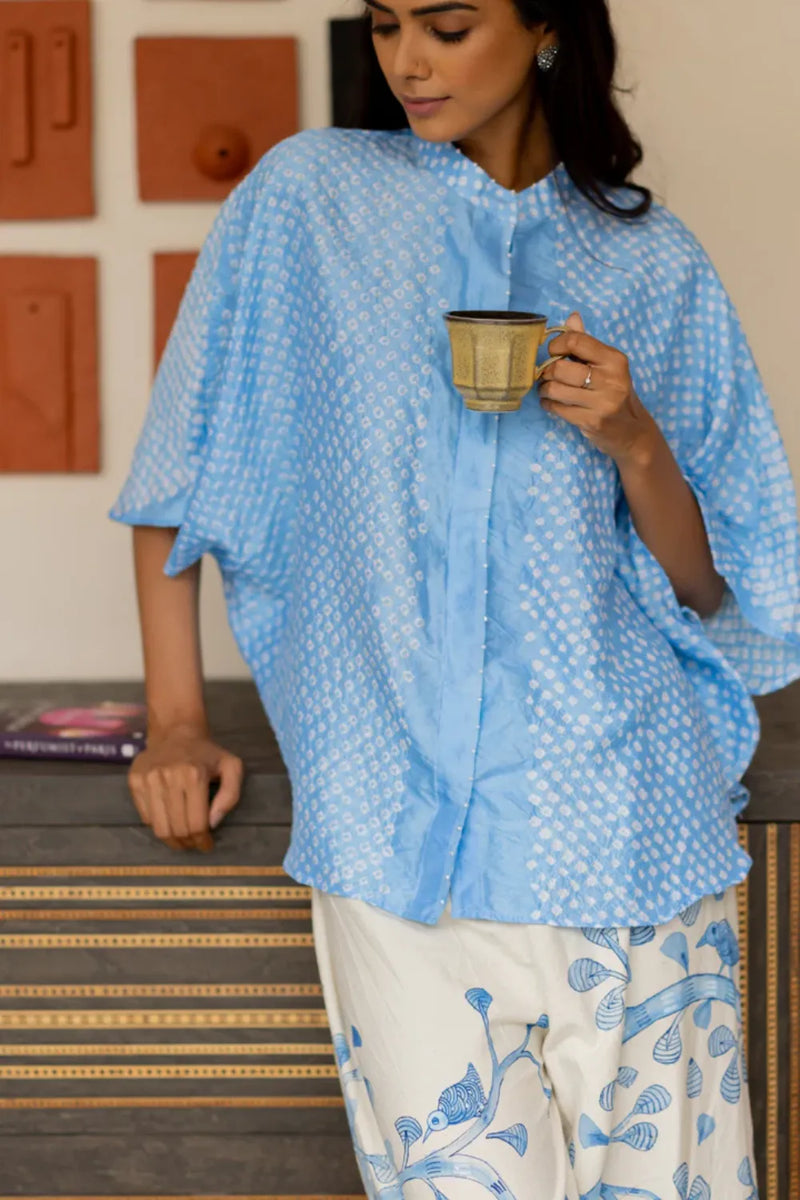 FLORA SHORT M KAF SHIRT-POWDER BLUE silk by Dyelogue in blue color for women in Singapore