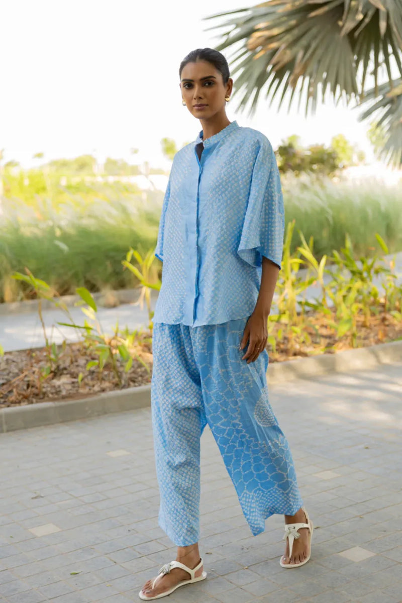 FLORA SHORT M KAF SHIRT-POWDER BLUE silk by Dyelogue in blue color for women in Singapore