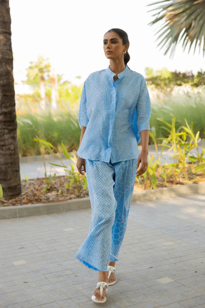 FLORA SHORT M KAF SHIRT-POWDER BLUE silk by Dyelogue in blue color for women in Singapore