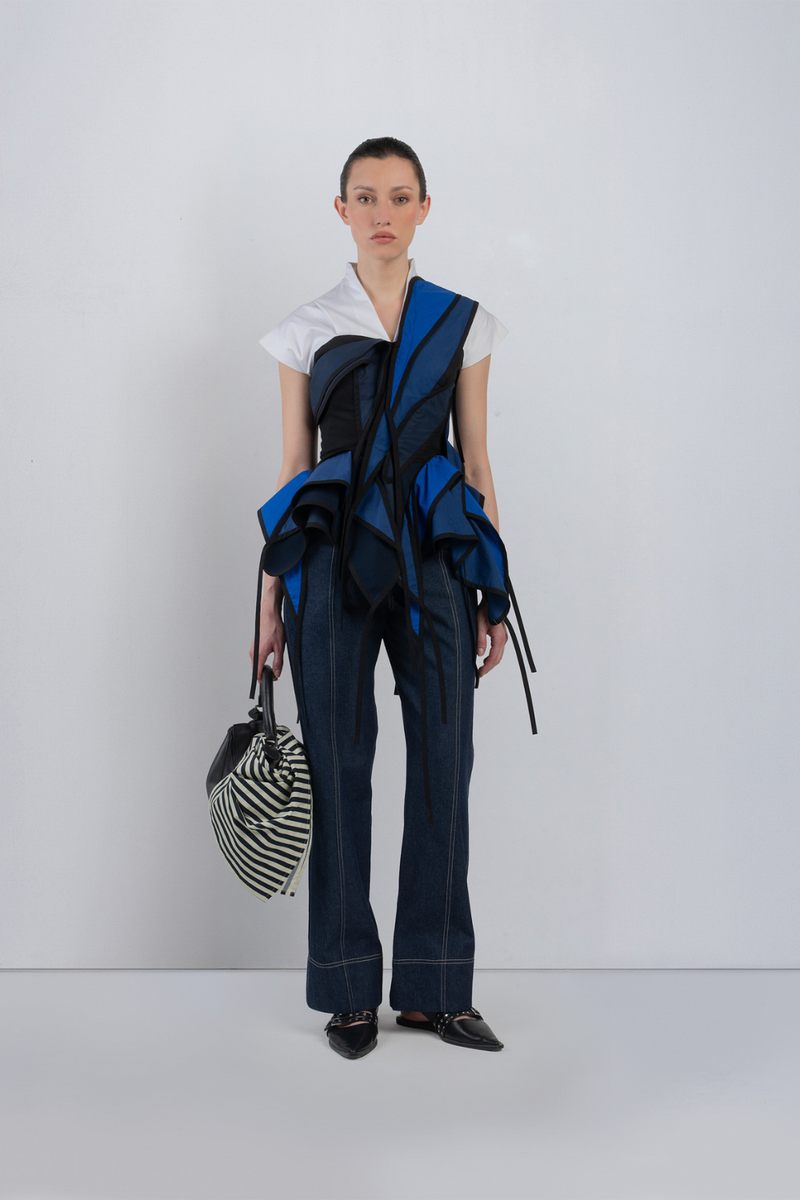FLOTS LAYERED TOP - White + Shades of Navy/ Blue top/shirt by Leh Studios in white for women in Singapore