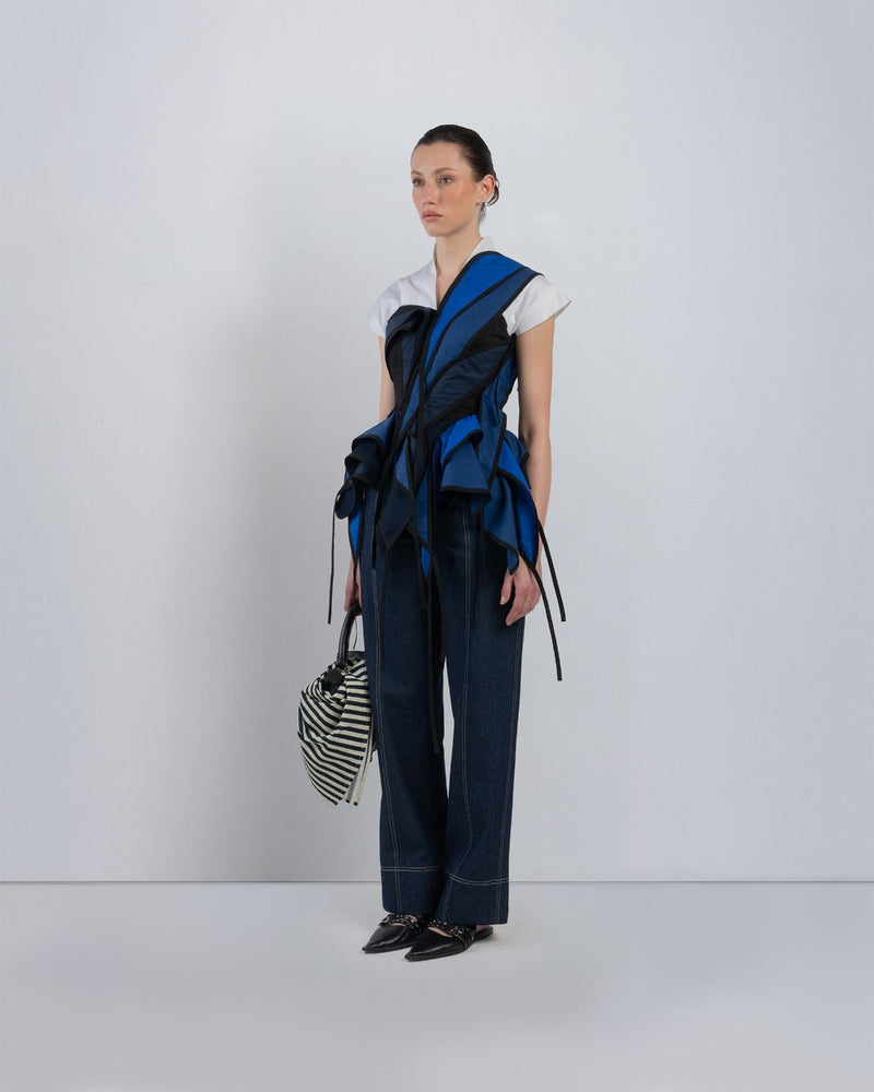 FLOTS LAYERED TOP - White + Shades of Navy/ Blue top/shirt by Leh Studios in white for women in Singapore