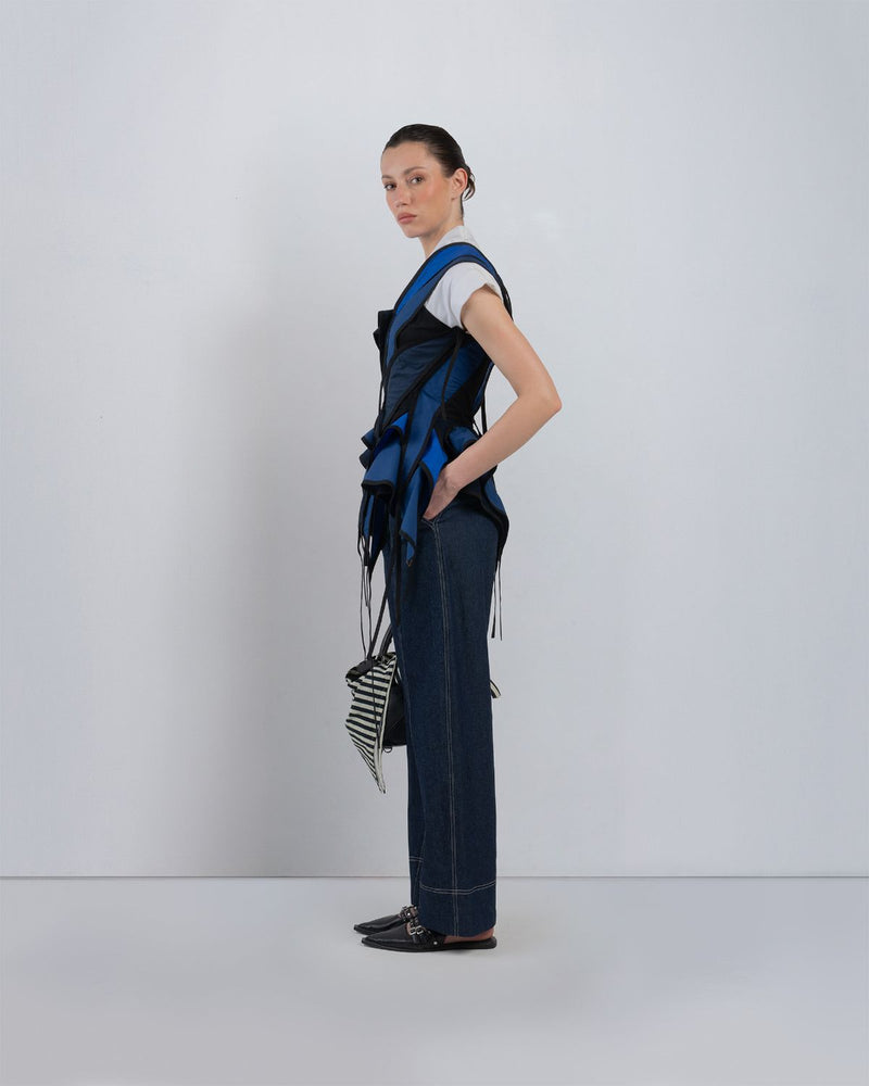 FLOTS LAYERED TOP - White + Shades of Navy/ Blue top/shirt by Leh Studios in white for women in Singapore