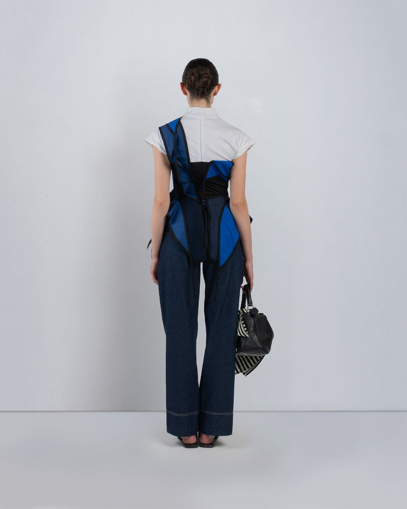 FLOTS LAYERED TOP - White + Shades of Navy/ Blue top/shirt by Leh Studios in white for women in Singapore