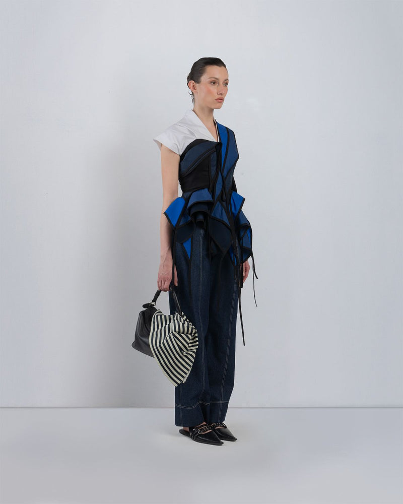 FLOTS LAYERED TOP - White + Shades of Navy/ Blue top/shirt by Leh Studios in white for women in Singapore