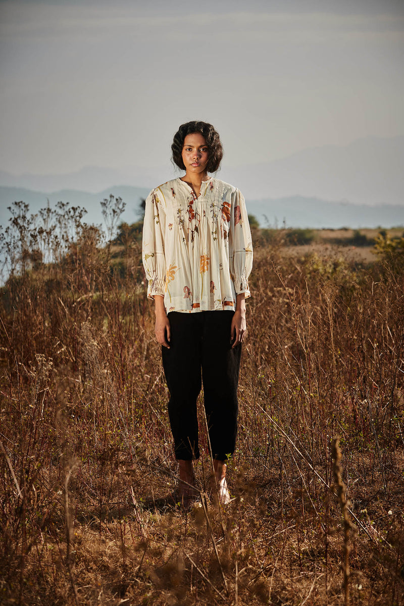 Florals in Snow Top cotton by Khara Kapas in white for women in Singapore