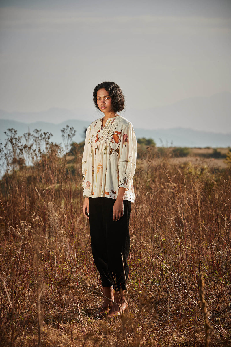 Florals in Snow Top cotton by Khara Kapas in white for women in Singapore