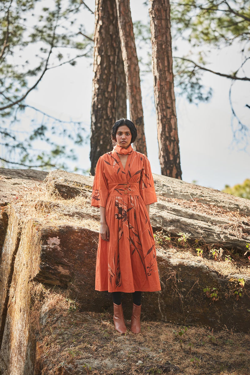 Sunset in the mountains dress cotton by Khara Kapas in orange for women in Singapore