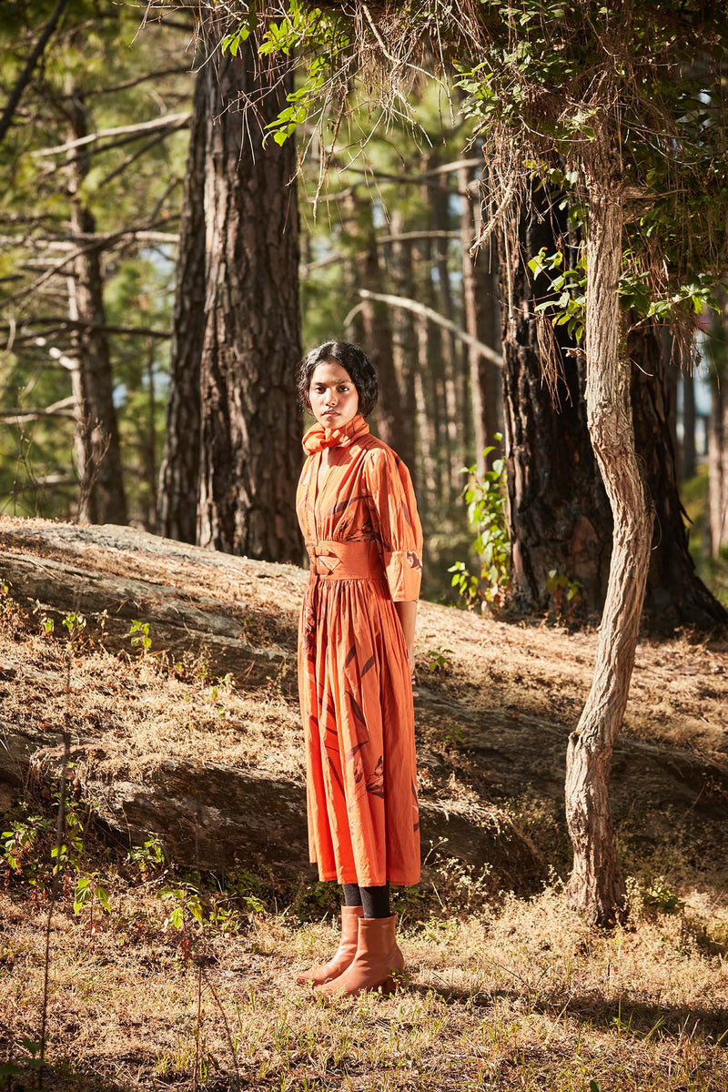 Sunset in the mountains dress cotton by Khara Kapas in orange for women in Singapore