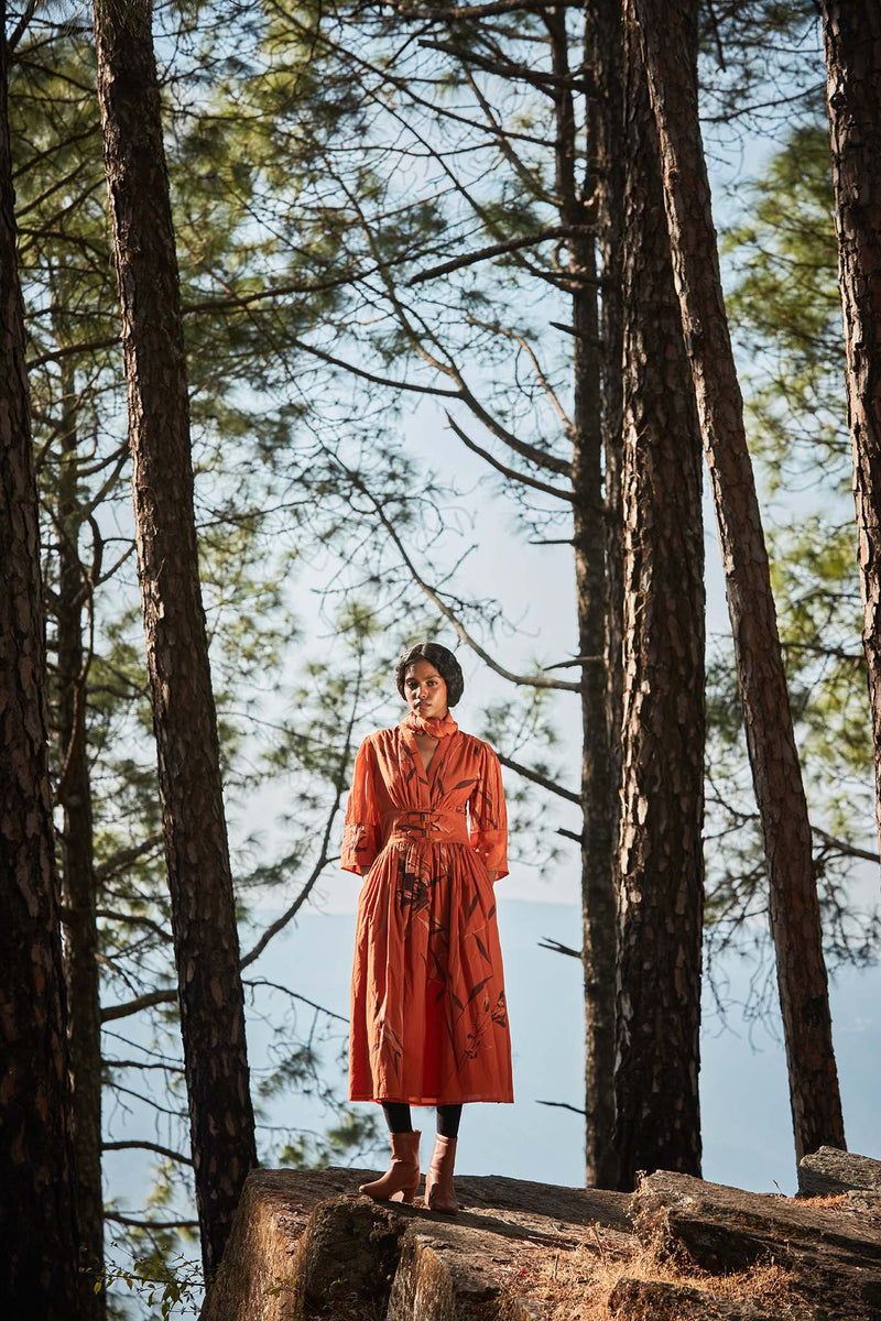 Sunset in the mountains dress cotton by Khara Kapas in orange for women in Singapore
