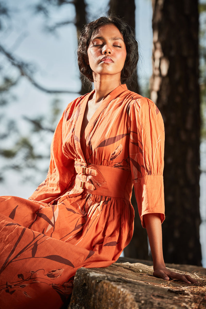 Sunset in the mountains dress cotton by Khara Kapas in orange for women in Singapore