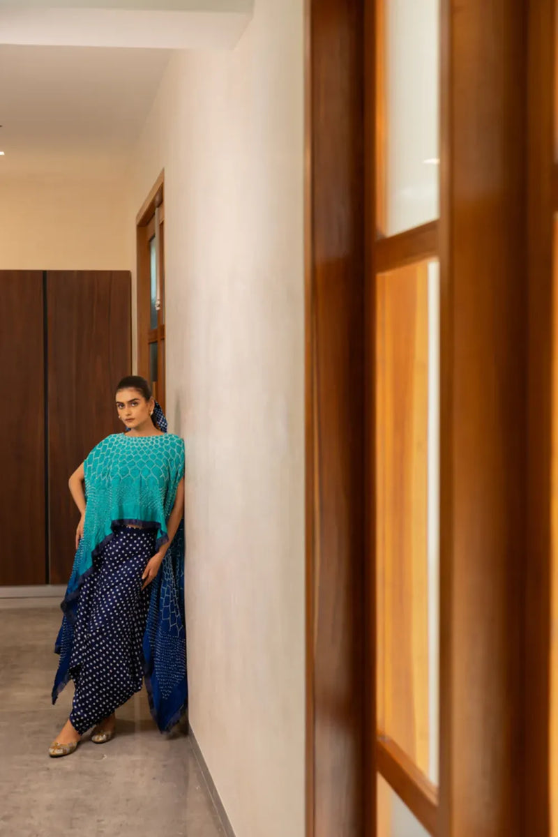 FRINGE CAPE-BLUE GREEN SHADED silk by Dyelogue in multi color for women in Singapore