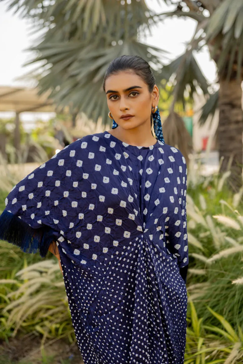 FRINGE KAFTAN-DARK BLUE silk by Dyelogue in blue color for women in Singapore