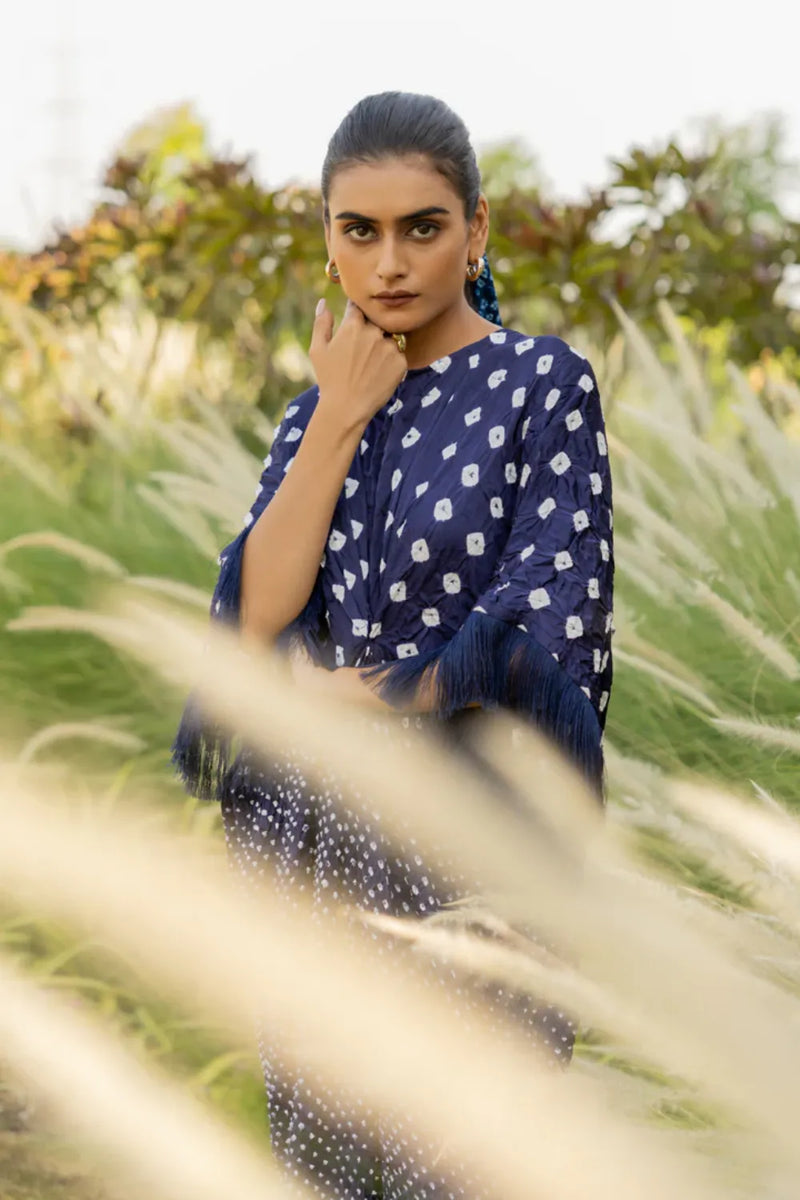 FRINGE KAFTAN-DARK BLUE silk by Dyelogue in blue color for women in Singapore