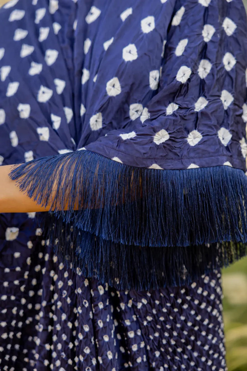 FRINGE KAFTAN-DARK BLUE silk by Dyelogue in blue color for women in Singapore