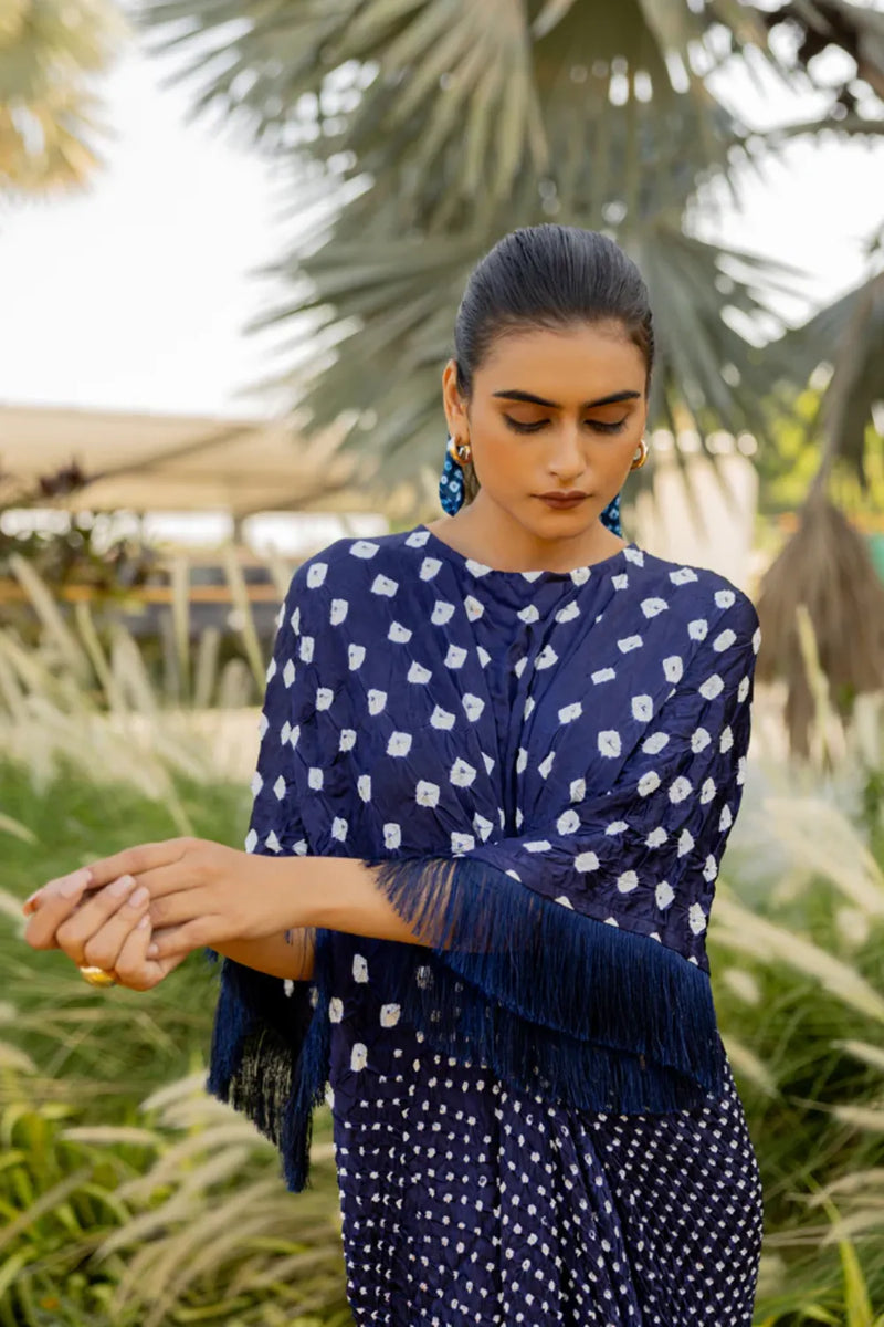 FRINGE KAFTAN-DARK BLUE silk by Dyelogue in blue color for women in Singapore