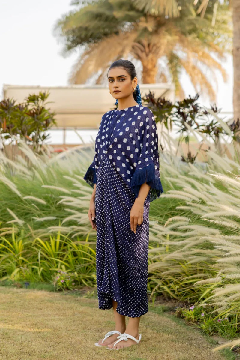 FRINGE KAFTAN-DARK BLUE silk by Dyelogue in blue color for women in Singapore