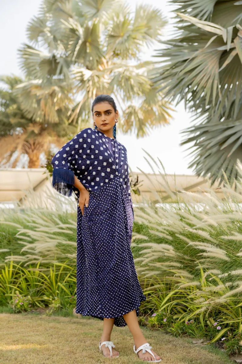 FRINGE KAFTAN-DARK BLUE silk by Dyelogue in blue color for women in Singapore