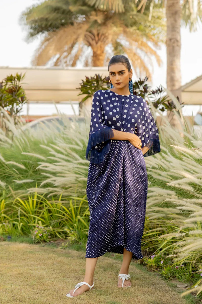 FRINGE KAFTAN-DARK BLUE silk by Dyelogue in blue color for women in Singapore