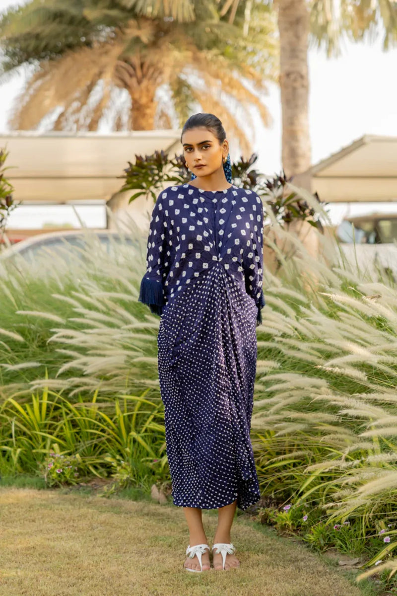 FRINGE KAFTAN-DARK BLUE silk by Dyelogue in blue color for women in Singapore