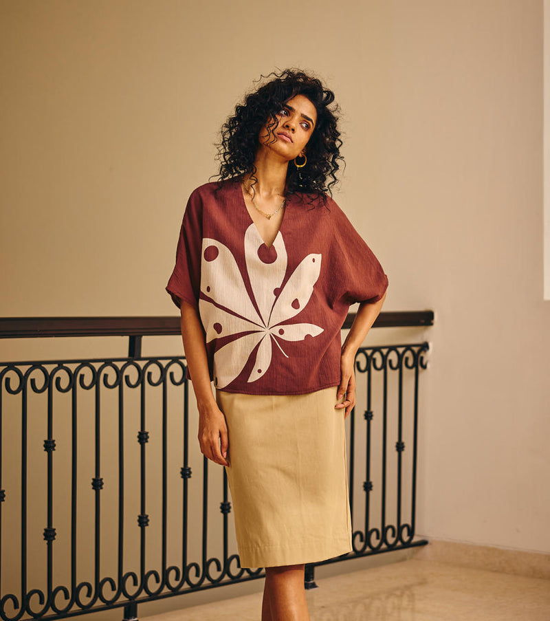 Fading Touch Top cotton by Khara Kapas in brown for women in Singapore