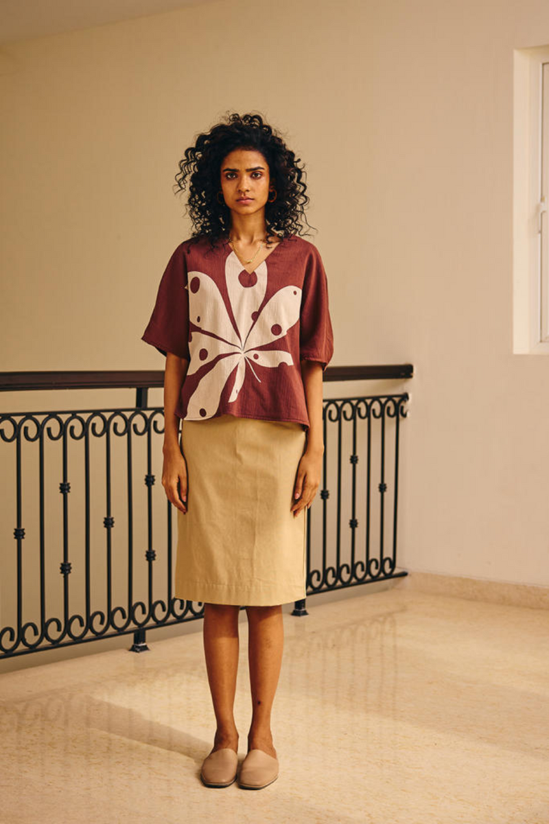 Fading Touch Top cotton by Khara Kapas in brown for women in Singapore