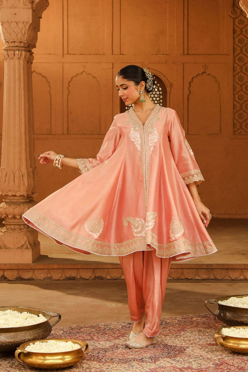 Fajr Short Anarkali with salwar and dupatta-Off-Rose silk by SHEETAL BATRA in pink color for women in Singapore