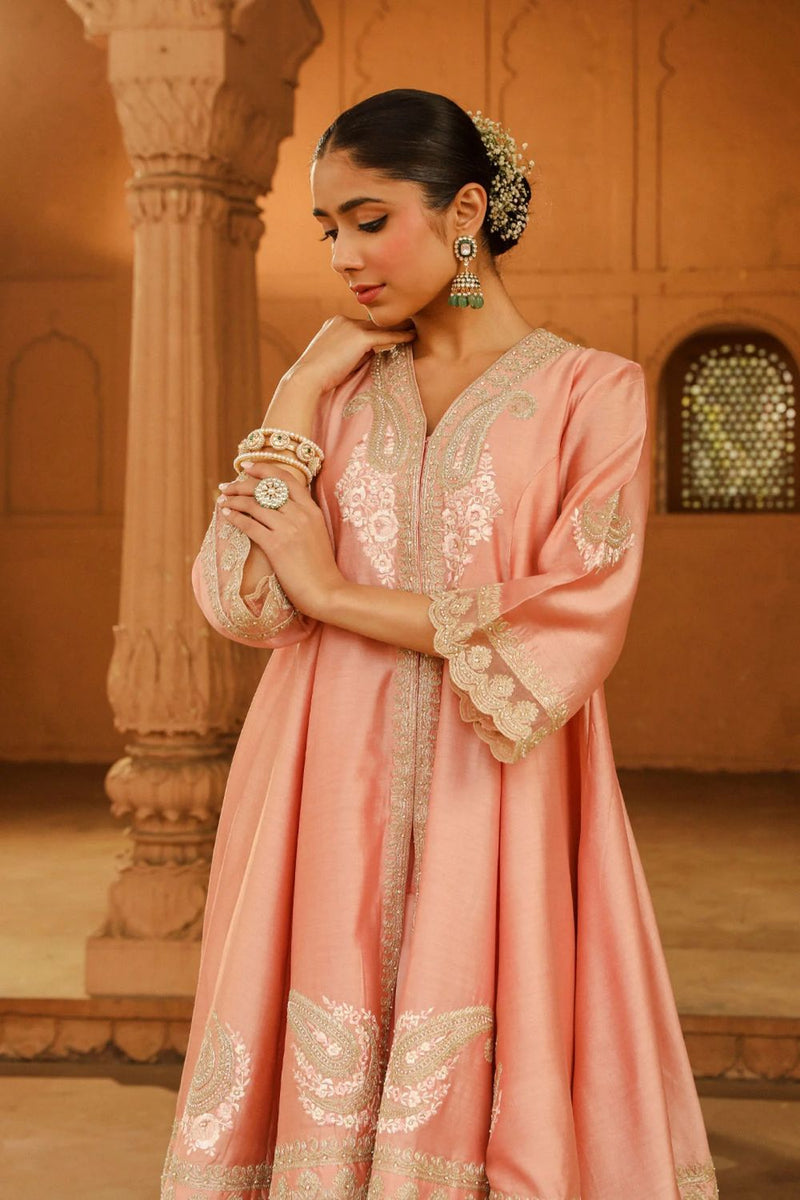 Fajr Short Anarkali with salwar and dupatta-Off-Rose silk by SHEETAL BATRA in pink color for women in Singapore