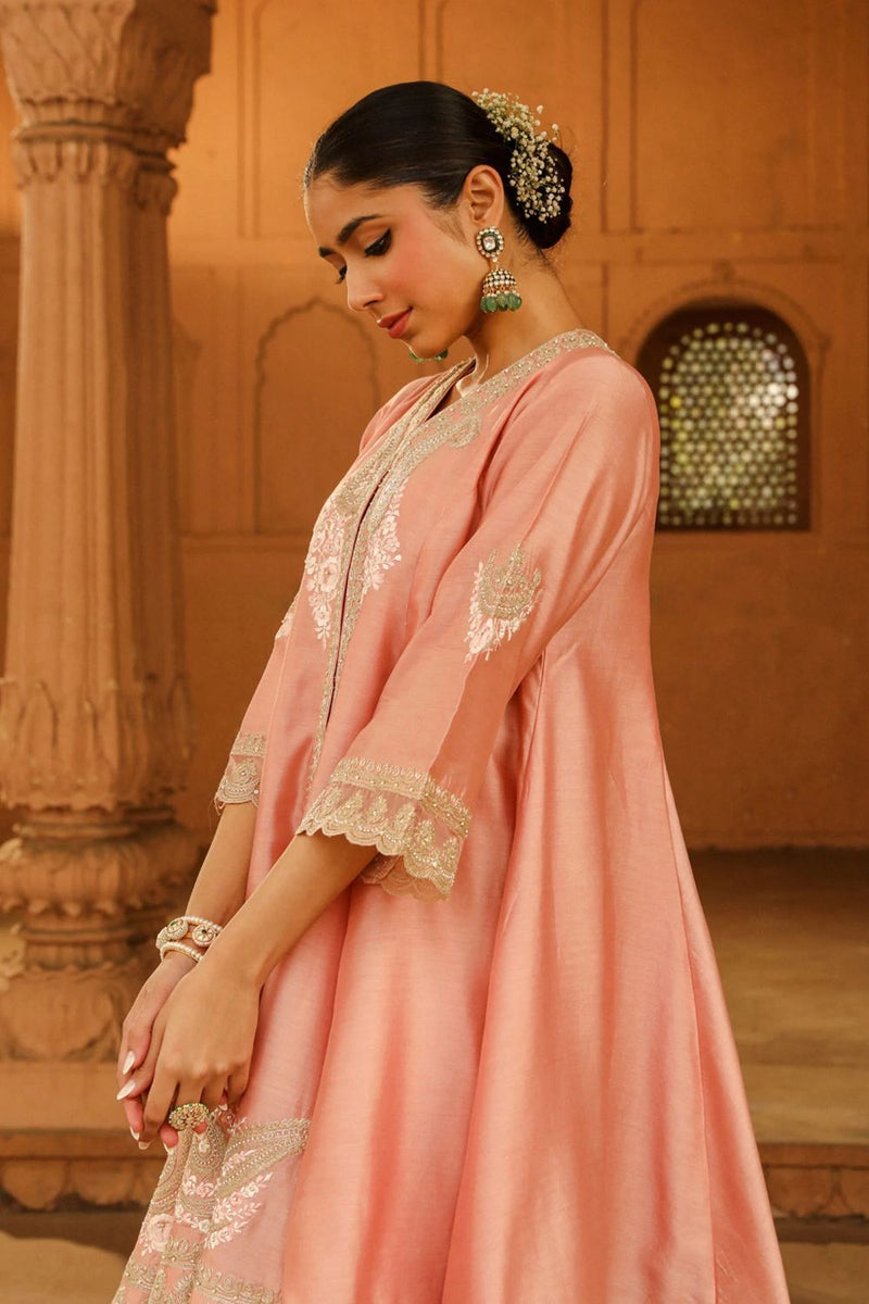 Fajr Short Anarkali with salwar and dupatta-Off-Rose silk by SHEETAL BATRA in pink color for women in Singapore