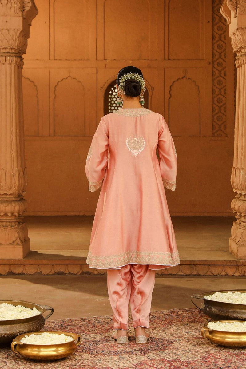 Fajr Short Anarkali with salwar and dupatta-Off-Rose silk by SHEETAL BATRA in pink color for women in Singapore
