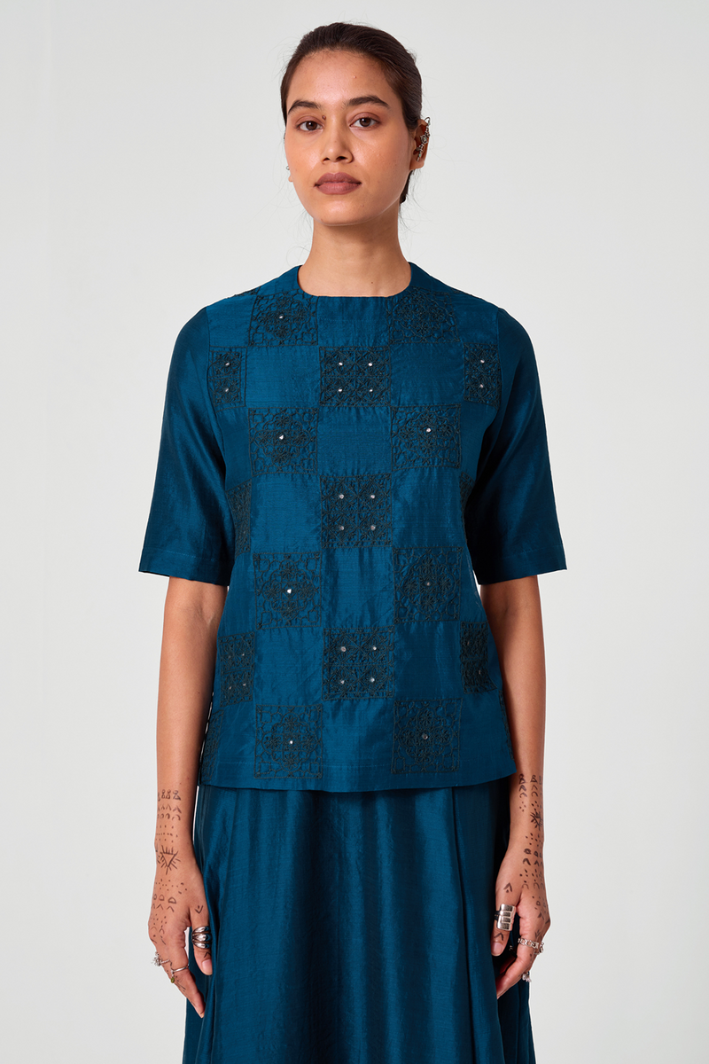 Falak Teal Handwoven Embroidered Top