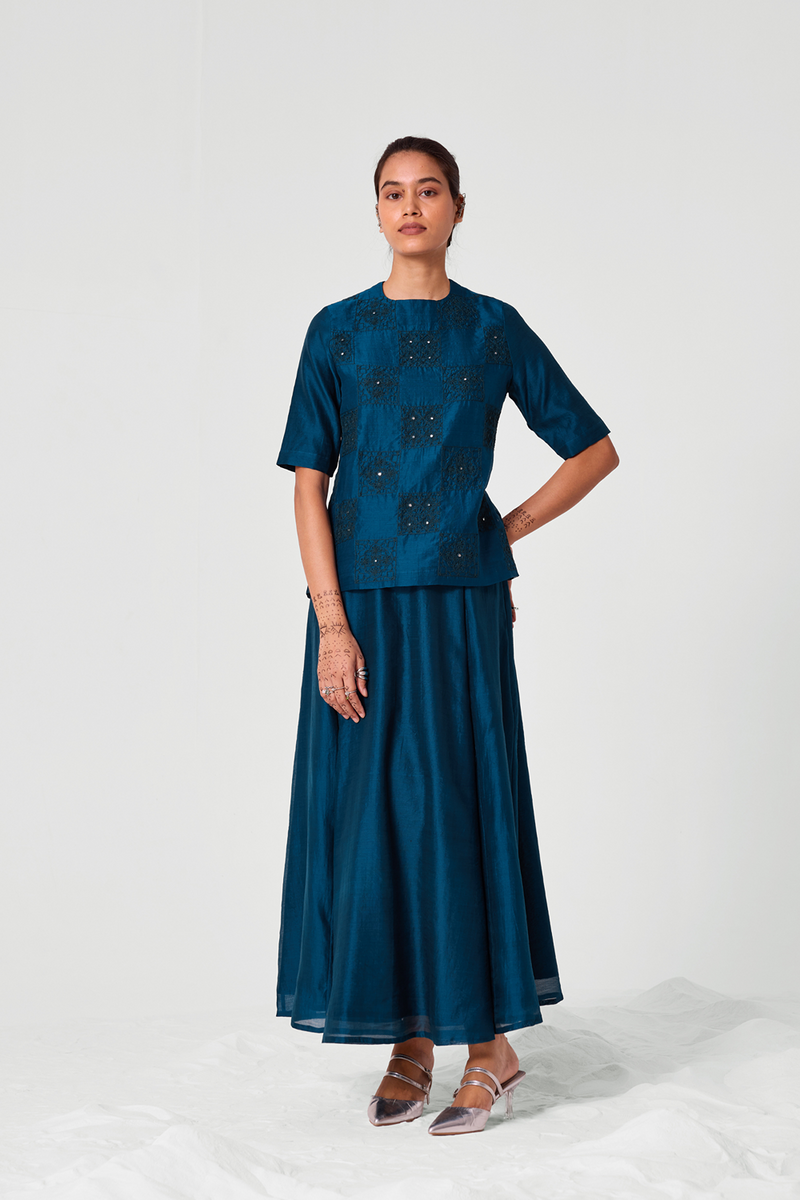 Falak Teal Handwoven Embroidered Top