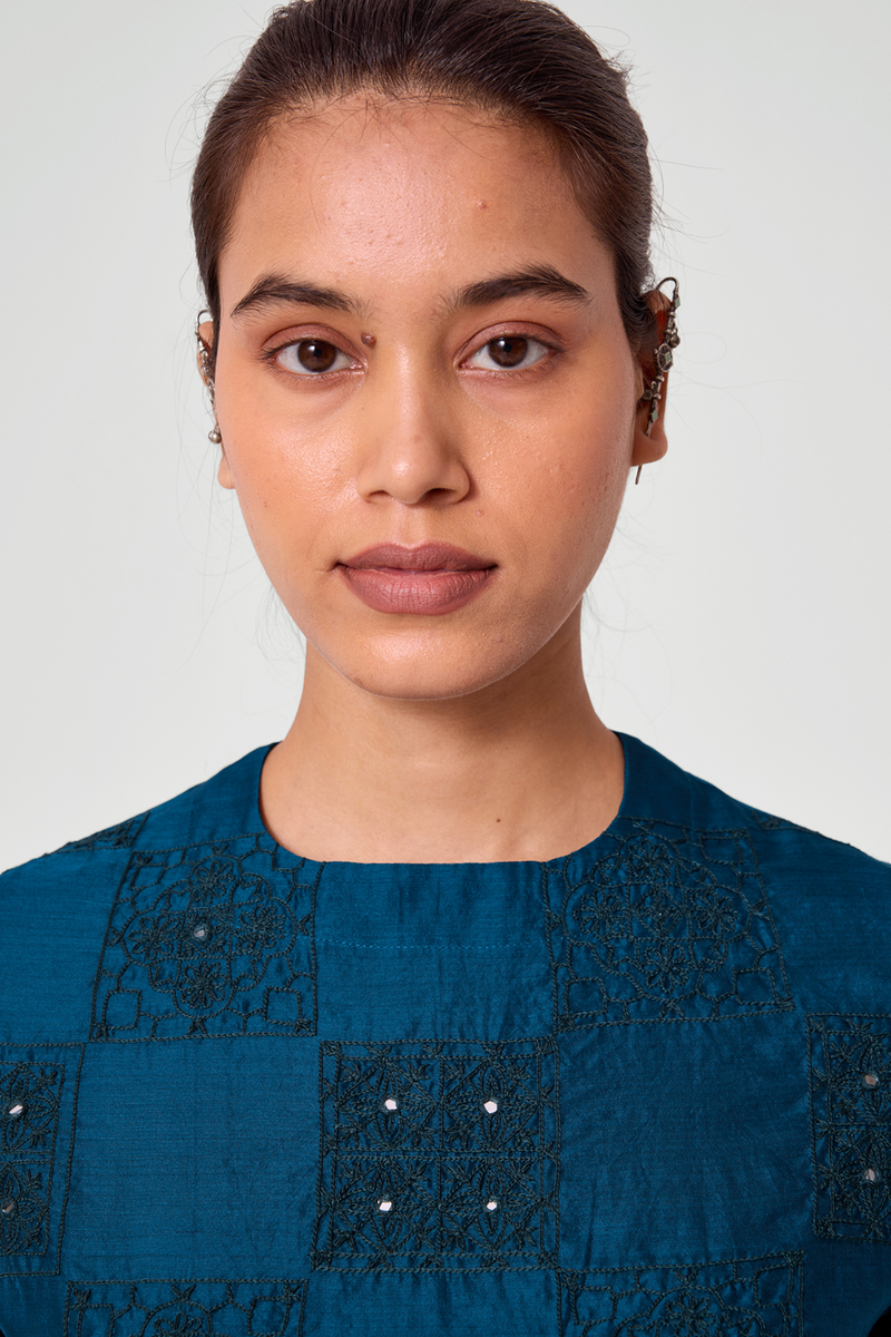 Falak Teal Handwoven Embroidered Top