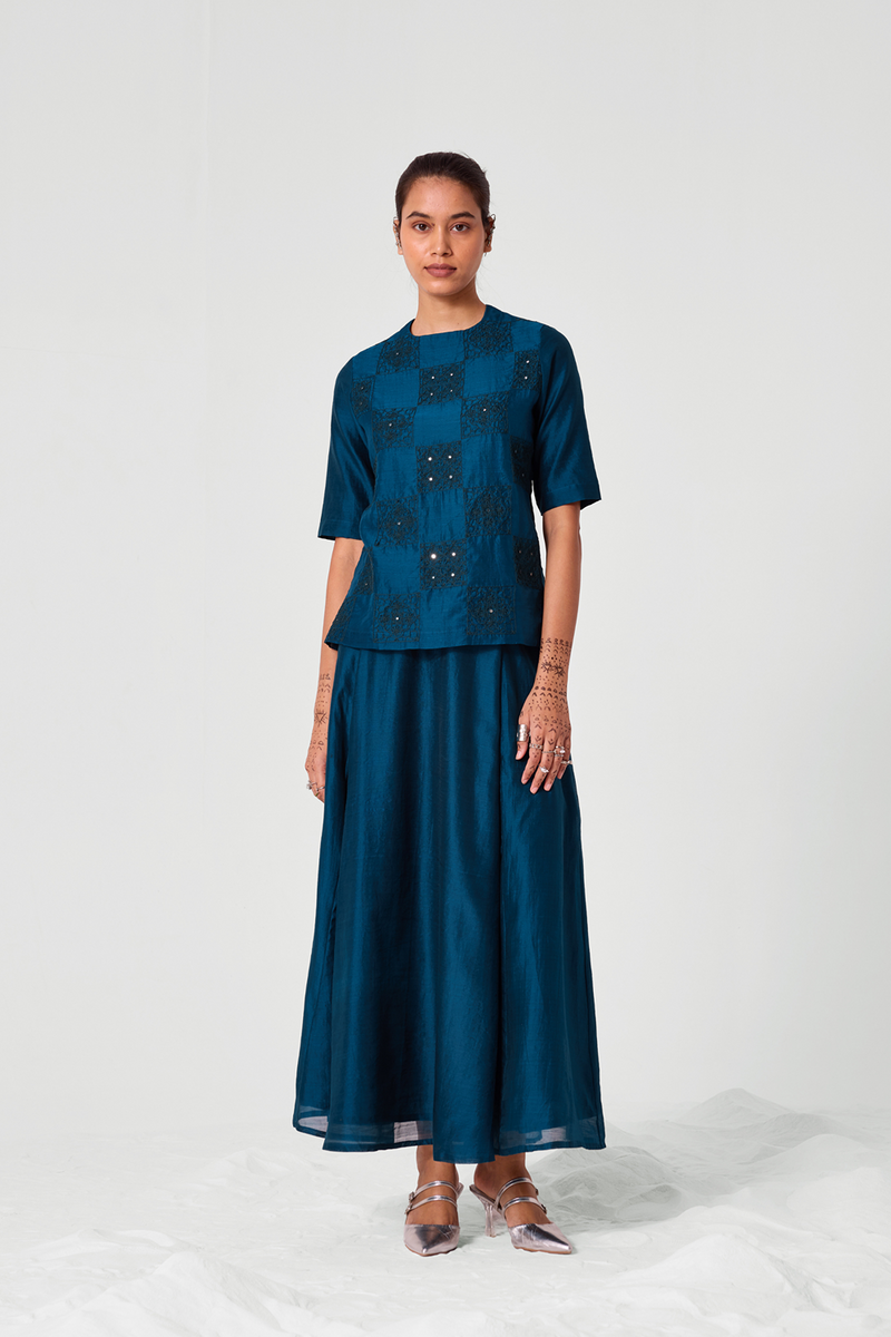 Falak Teal Handwoven Embroidered Top