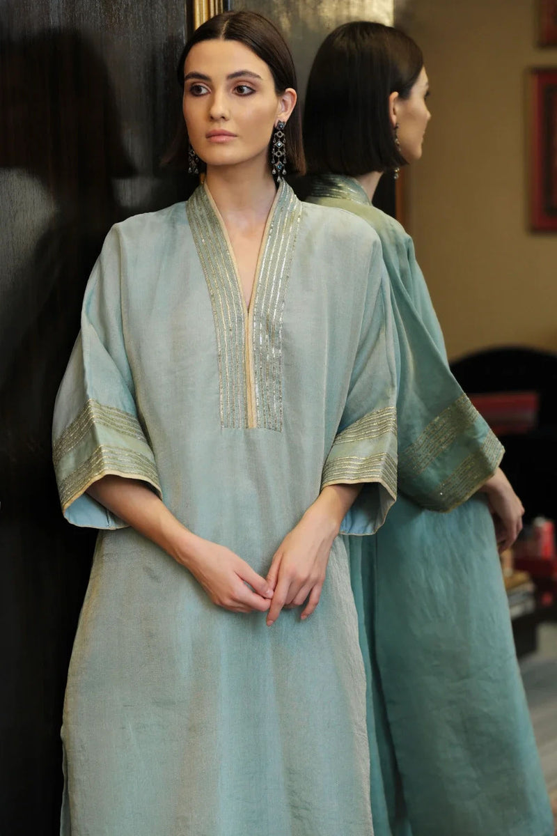 Falak' kora tissue phiran blue lagoon kora tissue kurta/kurta set by Malika Mathur in light blue for women in Singapore