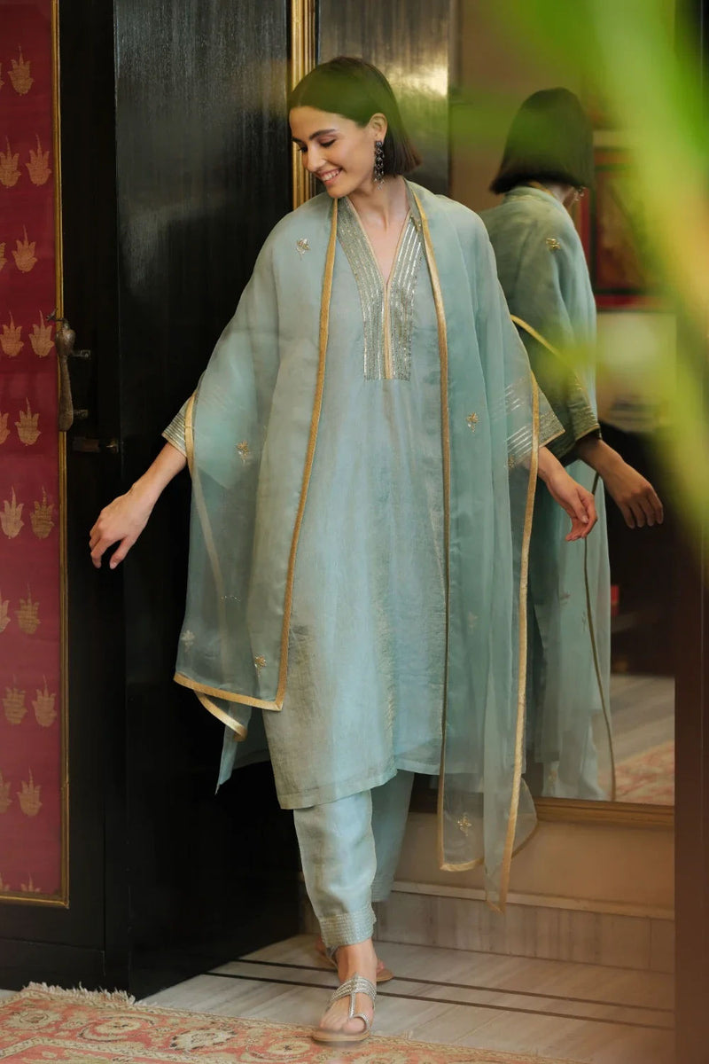 Falak' kora tissue phiran blue lagoon kora tissue kurta/kurta set by Malika Mathur in light blue for women in Singapore