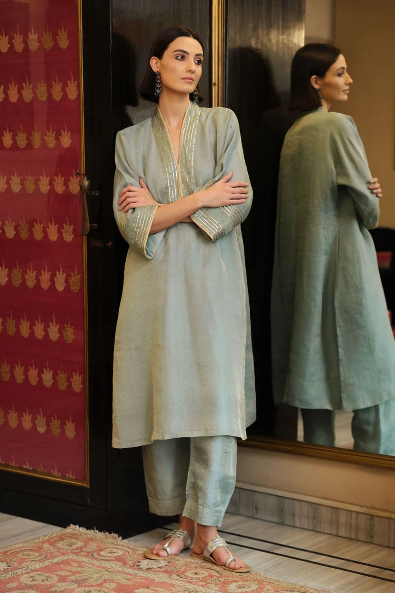 Falak' kora tissue phiran blue lagoon kora tissue kurta/kurta set by Malika Mathur in light blue for women in Singapore