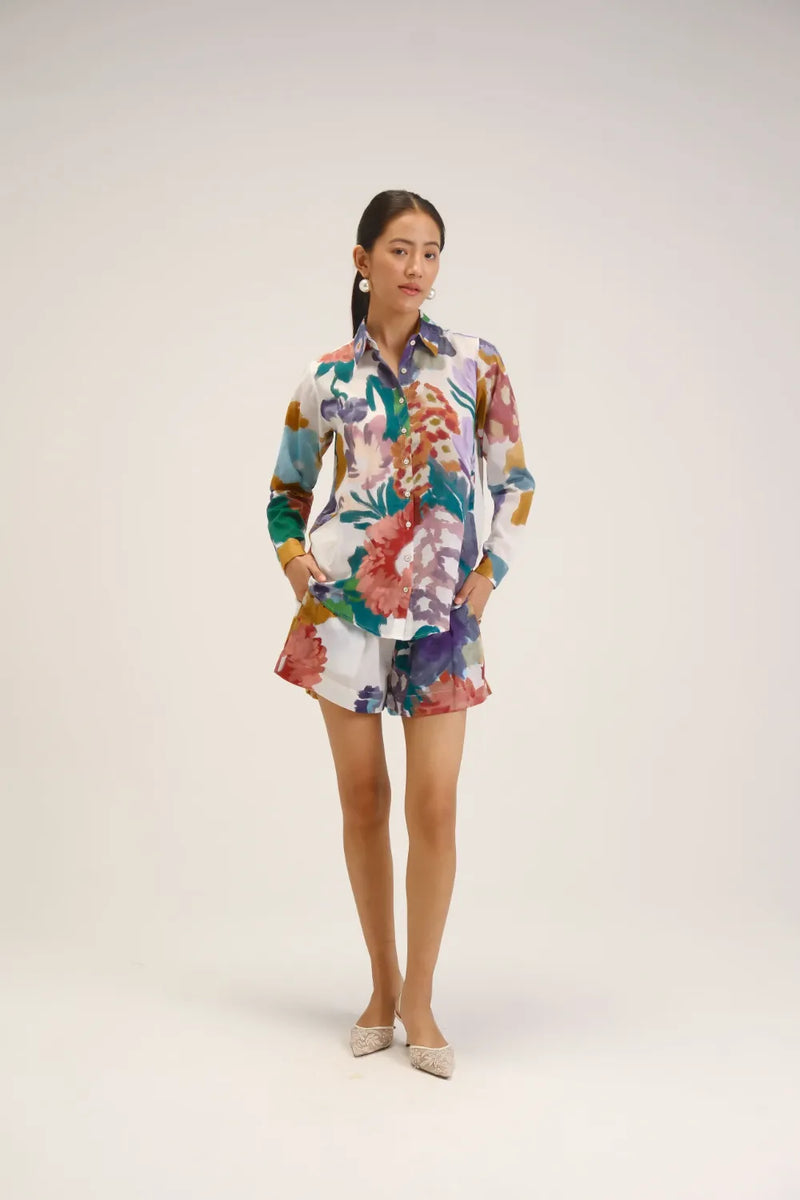 Farah White Shirt & Short Set cotton mulmul co-ord set by YAM in white for women in Singapore