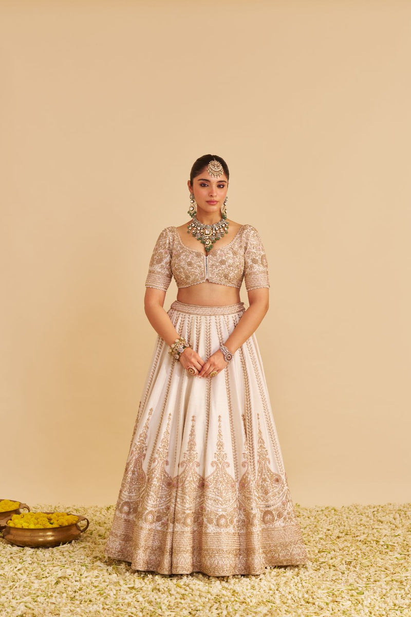 Farah - Dabka Zardozi Embroidered Pure Silk Daisy Ivory Lehenga Set silk by SHEETAL BATRA in blush color for women in Singapore