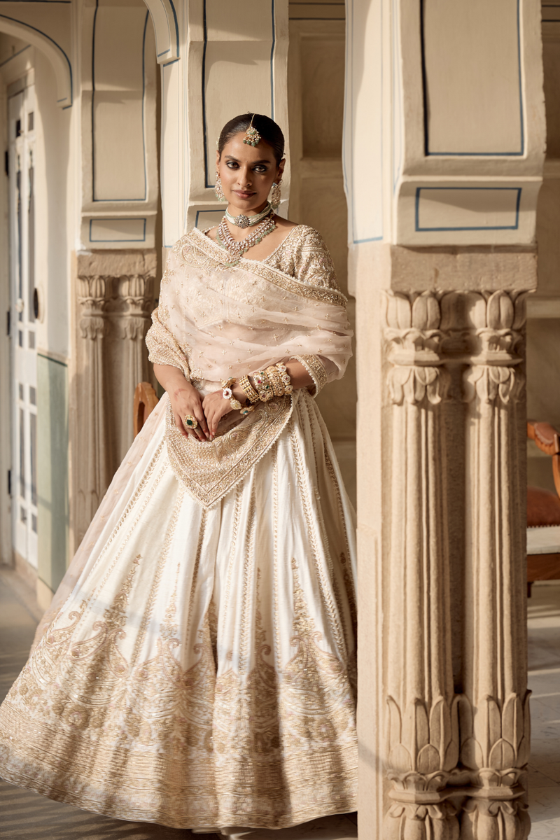 Farah - Dabka Zardozi Embroidered Pure Silk Daisy Ivory Lehenga Set silk by SHEETAL BATRA in blush color for women in Singapore