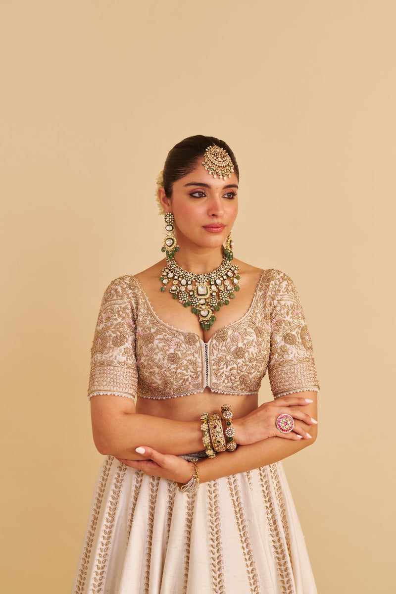 Farah - Dabka Zardozi Embroidered Pure Silk Daisy Ivory Lehenga Set silk by SHEETAL BATRA in blush color for women in Singapore