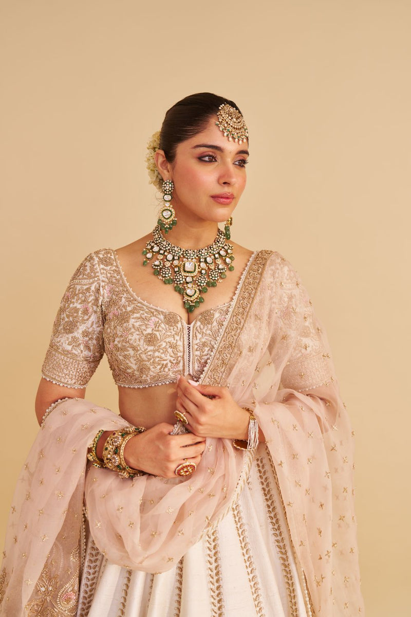 Farah - Dabka Zardozi Embroidered Pure Silk Daisy Ivory Lehenga Set silk by SHEETAL BATRA in blush color for women in Singapore