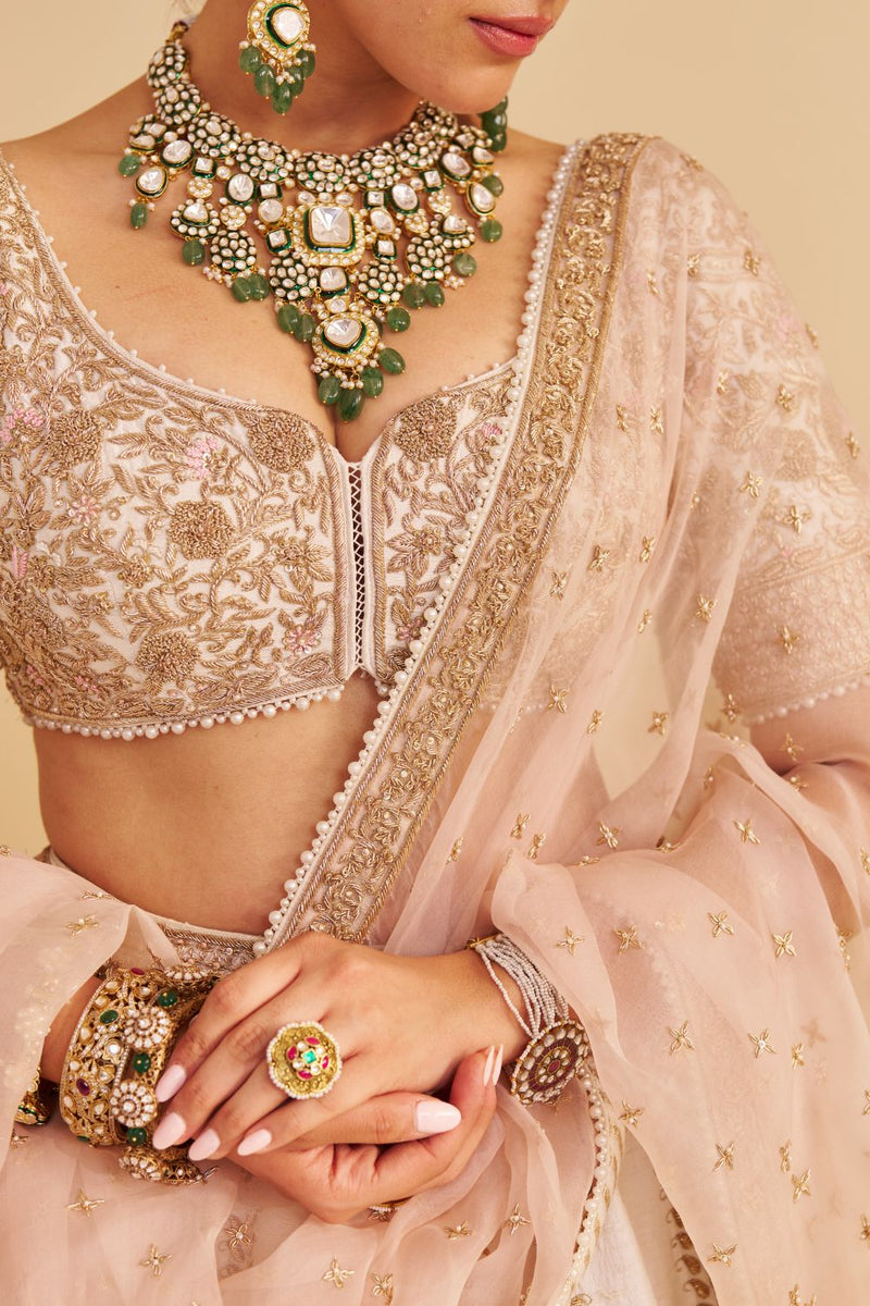 Farah - Dabka Zardozi Embroidered Pure Silk Daisy Ivory Lehenga Set silk by SHEETAL BATRA in blush color for women in Singapore