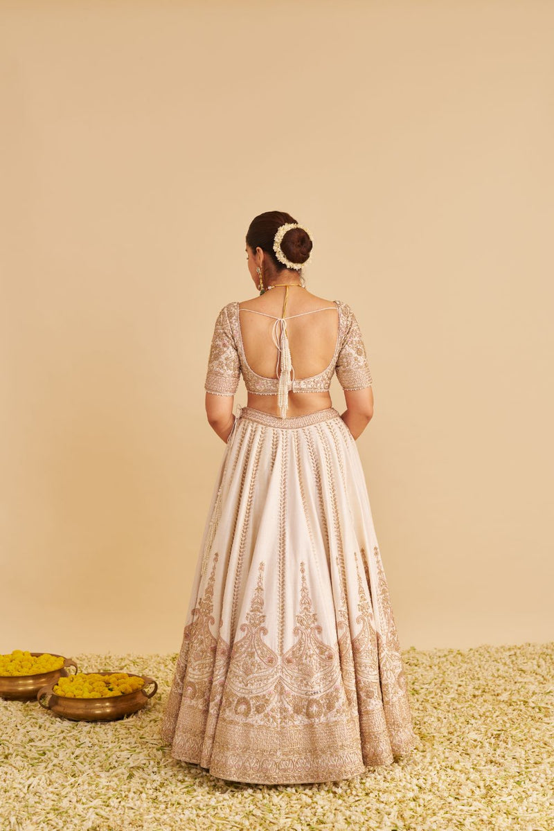 Farah - Dabka Zardozi Embroidered Pure Silk Daisy Ivory Lehenga Set silk by SHEETAL BATRA in blush color for women in Singapore